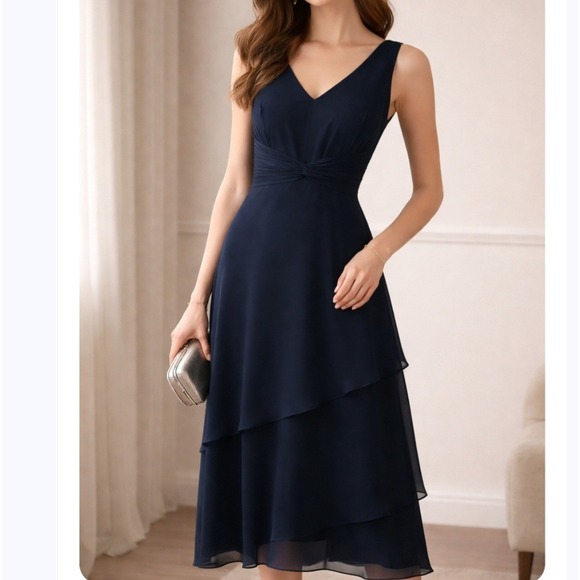 Dresses & Skirts - Navy Blue Tiered Chiffon Formal Gown V-Neck Corset Back Size 10 NEW